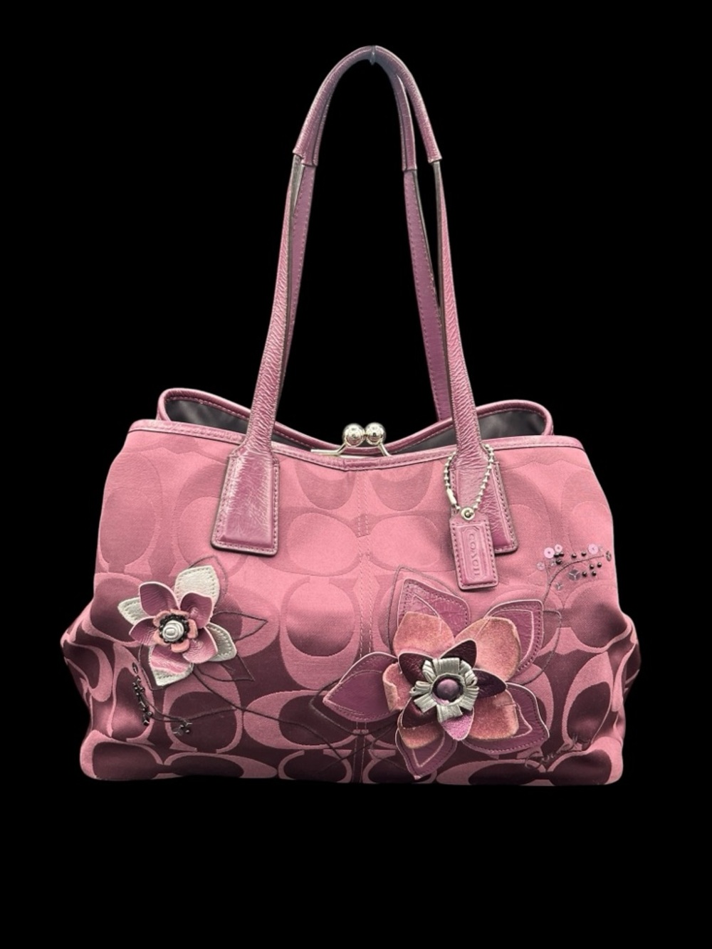 Coach Signature C Floral Applique Frame Kisslock Carryall Satchel